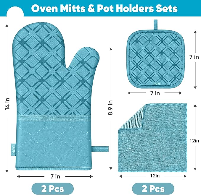 Oven Mitts and Pot Holders Set with Dishcloths, 500 Degree Heat Resistant Oven Gloves and Hot Pads, Premium Soft Cotton Kitchen Mittens and Dish Cloth Sets-Lake Blue