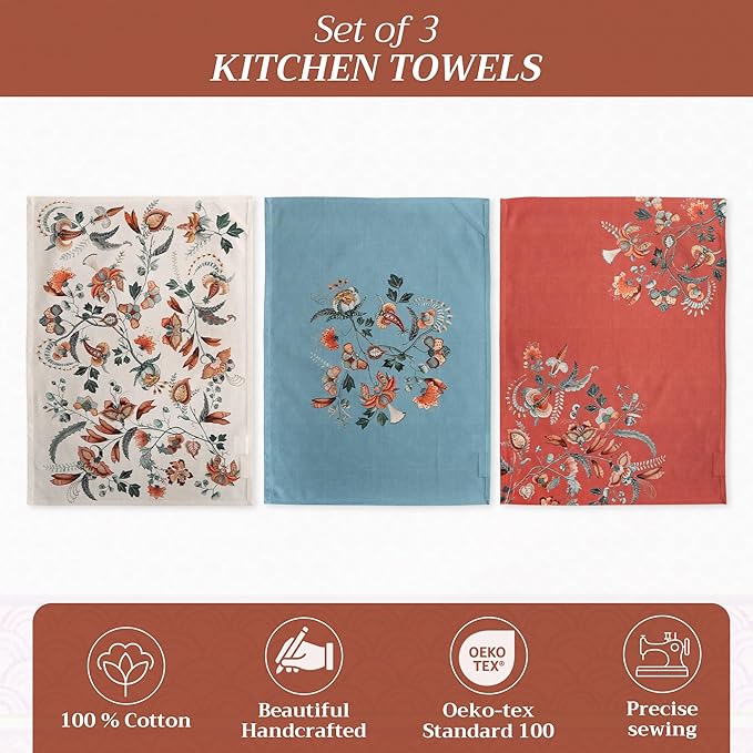 Maison d' Hermine Kitchen Towels Set of 3 100% Cotton 20" x 27.5" Reusable Cloth Tea Dish Towels Absorbent with Hanging Loop for Kitchen Dining Thanksgiving Christmas Decorations (Dalida)