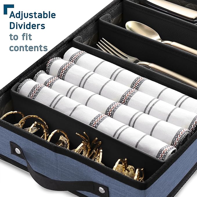Flatware & Utensil Storage, Durable Silverware Storage Box with Padded Dividers, 5 Compartment Flatware Storage Case, Silverware Case with Handles, Protects and Organizes Cutlery, Blue