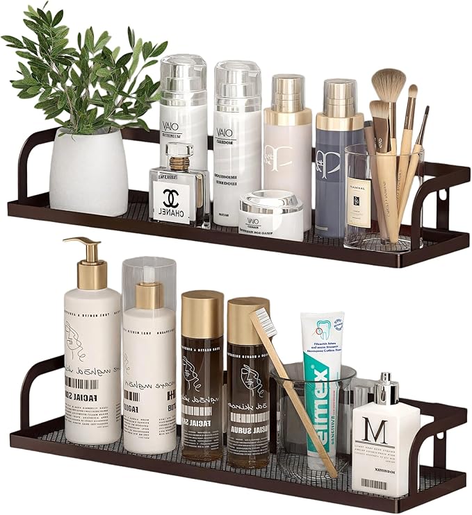 PUSDON 2-Pack 16.5" Extra Long Slim Hollowout Shower Caddy, Wall Mount Spice Rack & Bathroom Organizer, Mesh Bottom Cabinet Door Shelf Holds 50LBS - Vintage Bronze, Hollowout