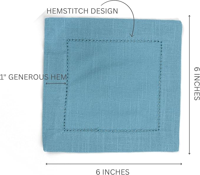 FINGERCRAFT Cocktail Napkins 6 x 6 Inch Premium Quality Cotton, Generous Hemstitch and Mitered Corner Set of 12 Coaster Cloth Aqua Blue