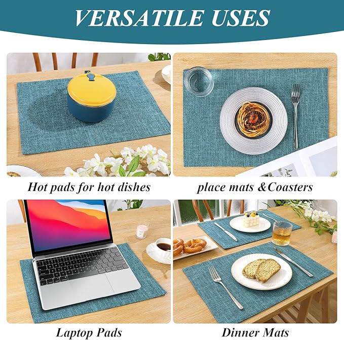SHACOS Fabric Placemats Set of 4 Non Slip Machine Washable Heat Resistant Cloth Table Mats Soft Polyester Place Mats for Kitchen Dining Table, Dark Teal