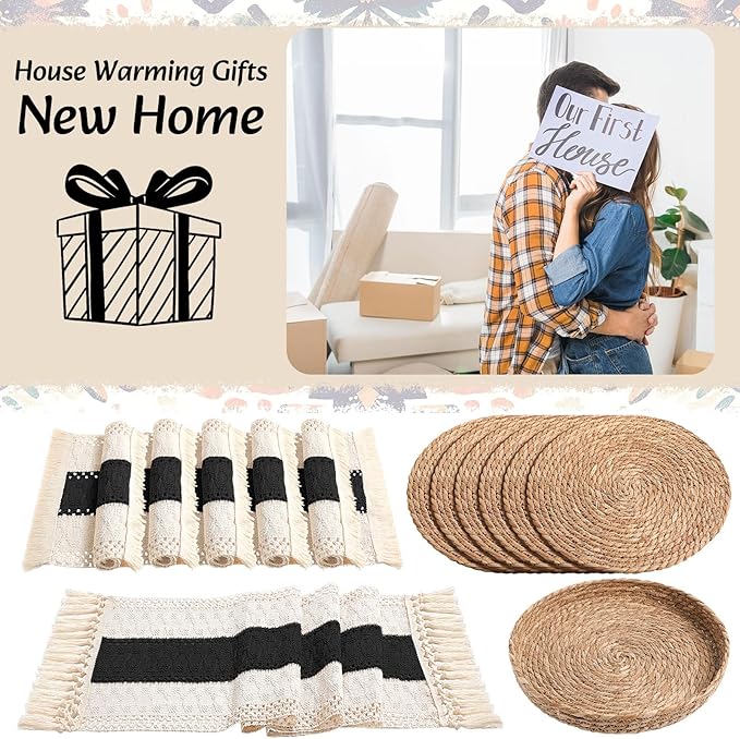 Boho Placemats 4/6/8 Set of Round Woven Placemat Macrame Style Bicolor Stitching Long Table Runner Farmhouse Rustic Natural Burlap Cotton for Kitchen Dining Table(6 Sets,Black A,12x72)