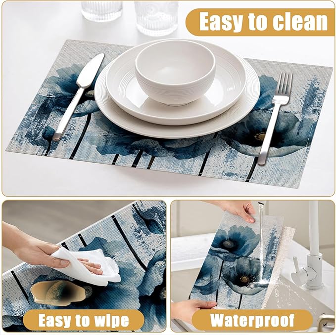 Blue Poppy Flower Placemats Set of 6, Linen Place Mat Washable Stain Resistant Table Mats for Farmhouse Kitchen Dining Holiday Party Wedding Decor 12x18 Inch