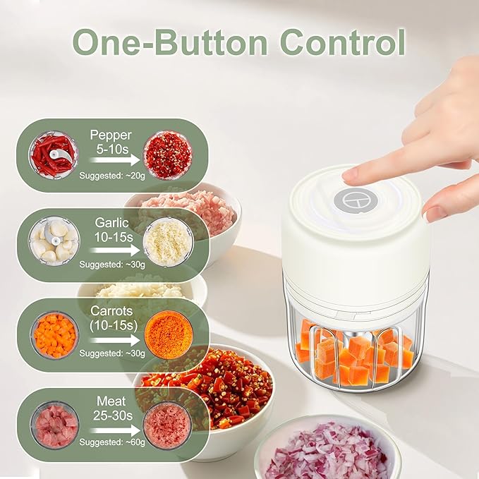 250ml (1 Cup) Electric Garlic Chopper, Portable Garlic Press, Wireless Mini Food Processor, Rechargeable Garlic Chopper Mincer for Ginger, Chili, Onion, Minced Meat and Spices (White)