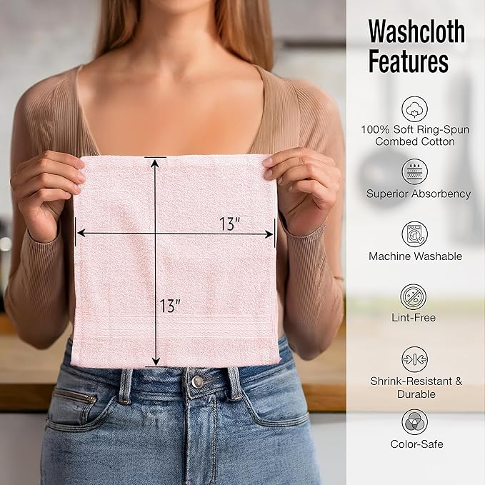 Luxurious Washcloths – Set of 12 – Size 13” x 13” – Thick Loop Pile Washcloth – Absorbent and Soft 100% Ring-Spun Cotton Wash Cloth – Lint Free Face Towel – Wash Cloths Perfect for Bathroom