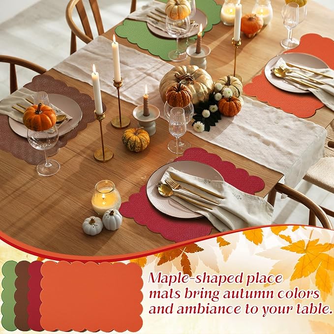 LemonRoad 16 Pcs Boho Linen Placemats Set 13" x 19" Elegant Scalloped Double Layered Placemats Farmhouse Christmas Washable Rustic Dining Table Decoration Heat Resistance(Vintage Color)
