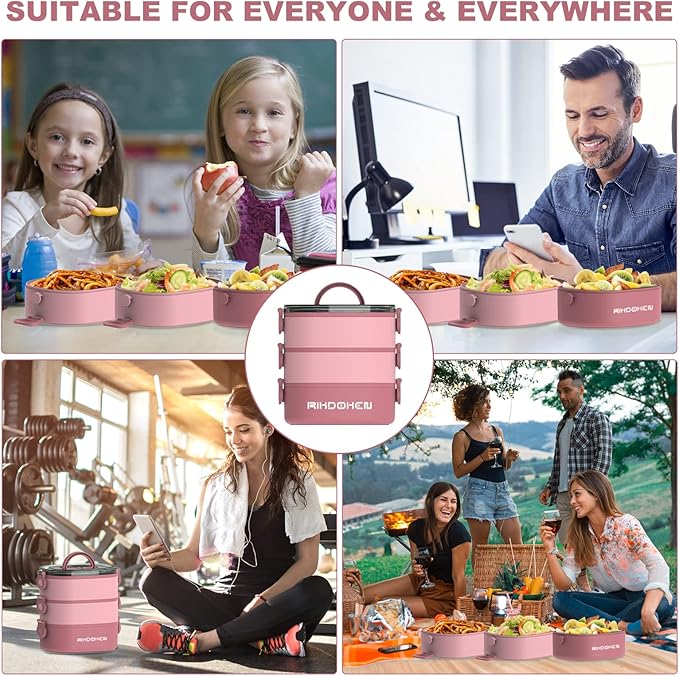 RIKDOKEN Lunch Box, Stackable 3 Layers Containers, Portable 94OZ Large Capacity Leakproof Bento Box with Spoon & Fork & Sauce Boxes, Microwave Safe Lunch Box for Kids and Adults