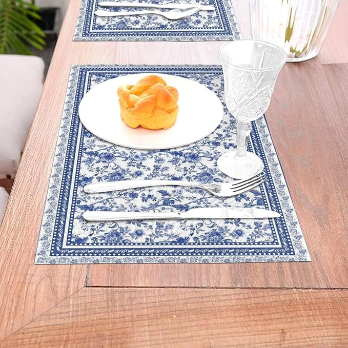 Floral Placemats 12x18 Inch Set of 4, Flower Print Linen Table Place Mat Neutral Vintage Decoration Washable Table Mats Blue Floral Decorative Linen Fabric Table Mat for Dining Table