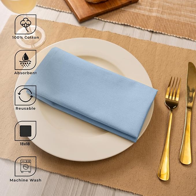 Blue Needles Solid Cloth Napkins Set of 12 Ice Blue 100% Cotton Dinner Napkins 18x18 inches - Spring Summer Easter - Soft, Reusable, Absorbent & Washable Linen, Ideal for Events Parties & Everyday Use