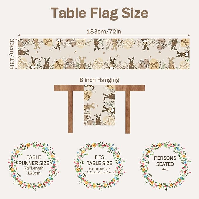 QINJIEJIE Easter Runner Mantel Decor, Egg Bunny Table Runner, Farmhouse Vintage Indoor Seasonal Spring Kitchen Decorations for Home Party Decor Table Runner 13x72 Inch (Bunny Rabbit)