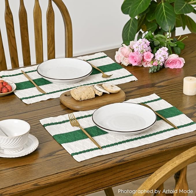 Artoid Mode Dark Green Farmhouse Woven Rustic Placemats Set of 6,12x18 Inch Seasonal Holiday Hollow Table Mats Party Kitchen Dining Decoration