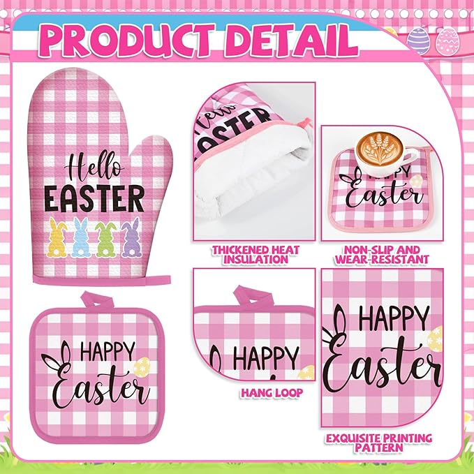 VitalCozy 10 Pcs Happy Easter Kitchen Decor Set Bunny Kitchen Towels and Rugs Oven Mitts and Pot Holders Home Decor Accessories Sets for Easter Chef Baking Cooking Grilling BBQ Gift