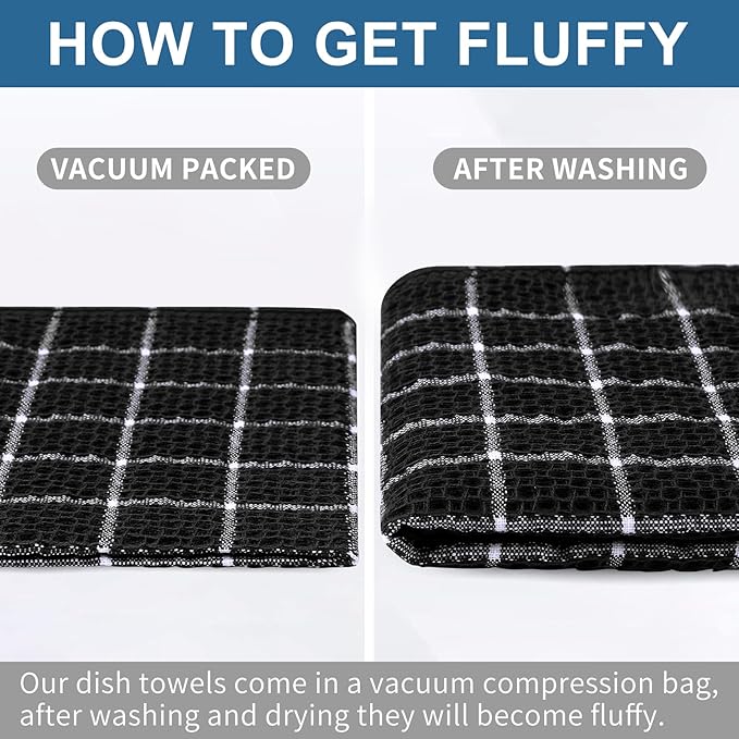 Homaxy 100% Cotton Kitchen Towels 6 Pack-15 X 25 Inches, Check Design Waffle Weave Hand Tea Towels, Super Soft and Absorbent Dish Towel for Drying Dishes, Black&White