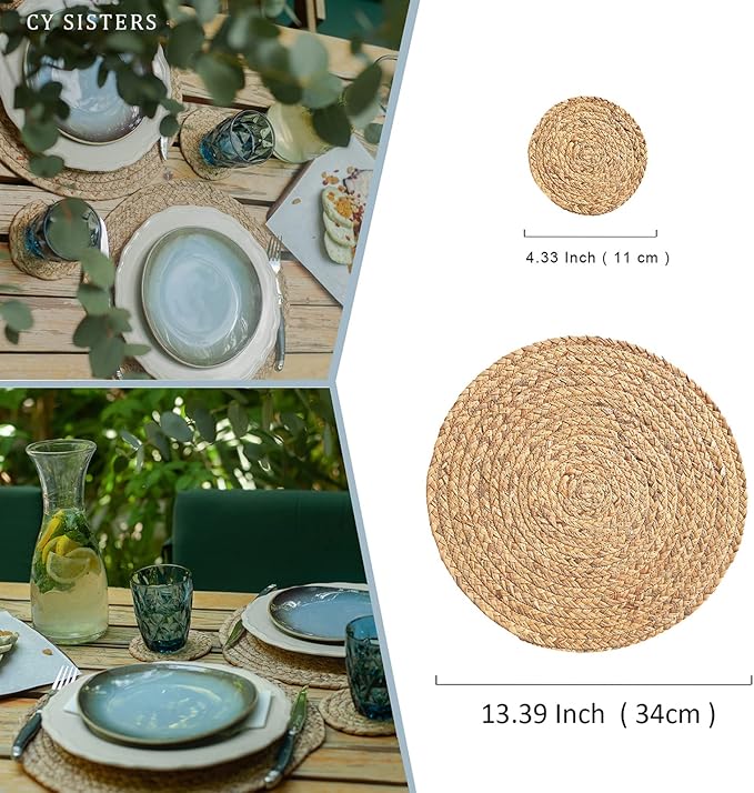 Round Placemats Set of 2 Natural Water Hyacinth Woven Placemats Farmhouse Boho Place Mats Wipeable Braided Placemat Heat Resistant Wicker Outdoor Placemat for Patio Table 13.4“