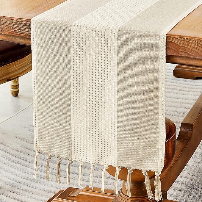 Wracra Linen Table Runner, Farmhouse Macrame Table Runners 72 Inches Long for Dining Table Decor, Wedding, Party and Dresser Decor (Light Coffee,72")