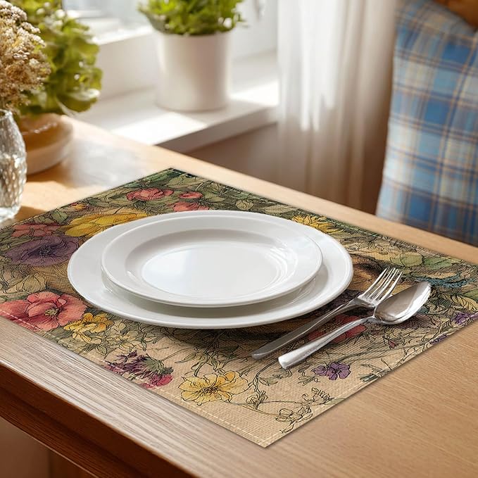 HOMETITUTE Placemats Set of 4 12x18 inch Dog Pattern Spring Table Mats for Dining Table Linen Placemats Farmhouse Decorations Kitchen Decor Desk Mat for Outdoor Home Party Kitchen Seasonal Dining
