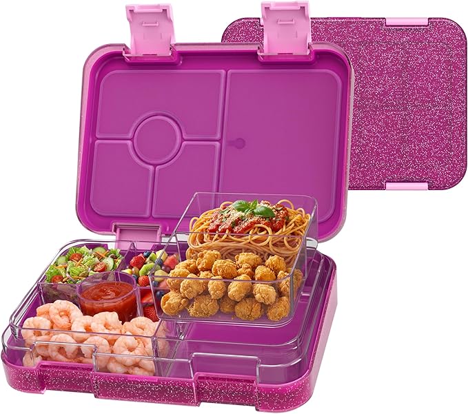Bento Lunch Box for Kids, Plastic Lunch Box Case 5/6 Tritan Compartments, BPA free, Ideal Portion Sizes for On-the-Go Meal, Shiny Rose and Clear