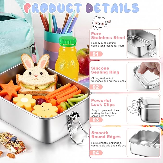 TeamFar Stainless Steel Bento Box, 2 Pack 47oz/1400ml Metal Lunch Box with 3 Compartments for Adults Kids, Large Lunch Food Containers for School/Work/Meal Prep, Leak-Proof & Dishwasher Safe
