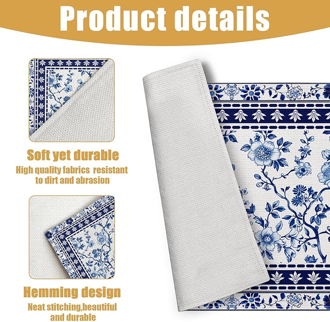 Blue White Floral Placemats Set of 6, Chinoiserie Flower Linen Place Mat Washable Stain Resistant Table Mats for Farmhouse Kitchen Dining 12x18 Inch