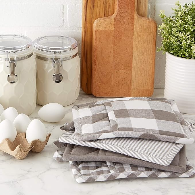 DII Gingham Check Kitchen Collection, Gray, Potholder Set