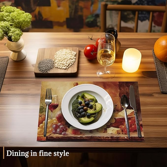 Placemats Set of 6,Retro Wine Bottles Glasses and Grapes Linen Place Mats,Modern Washable Table Placemats 12"x18" Heat Resistant Table Mats for Dining Kitchen Party Holiday Decoration