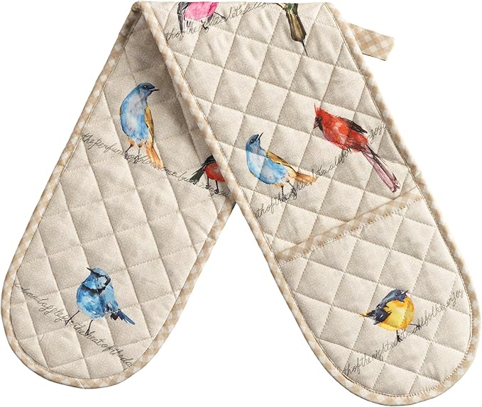 Maison d' Hermine Double Oven Mitts 100% Cotton 7"x35" Double Oven Mitt Heat Resistant BBQ Cooking Gloves with Loop Baking Grilling Gifts for Mothers Day Spring Summer (Birdies on Wire)