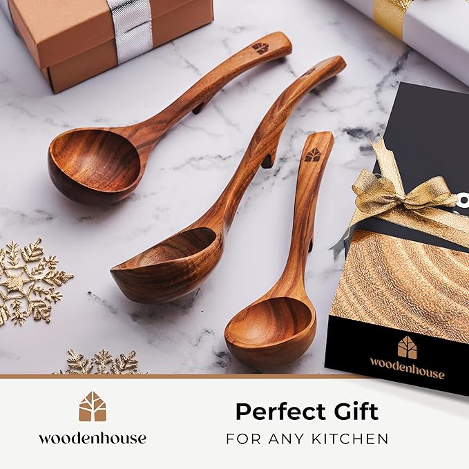 Wooden Ladle for Soup, 3 Size Teak Wood Ladle Spoon with Back Hooks for Pot & Bowl, Non-Stick Wooden Spoon Set for Cooking, Serving and Stirring