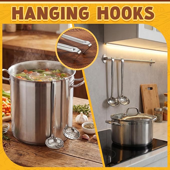 Stainless Steel Soup Ladle Serving Ladle Scoop and Slotted Spoon Set of 2 with Hook for Hanging, Cooking Utensils Set for Kitchen(1 oz)