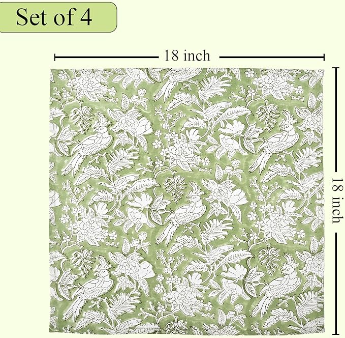 CPC Olive Green Indian Block Print Cotton Cloth Napkins Set of 4, 18x18 Reusable Everyday Napkins, Soft, Absorbent, Floral Dinner Napkin, Holiday, Party Gift, Spring,Mother's Day