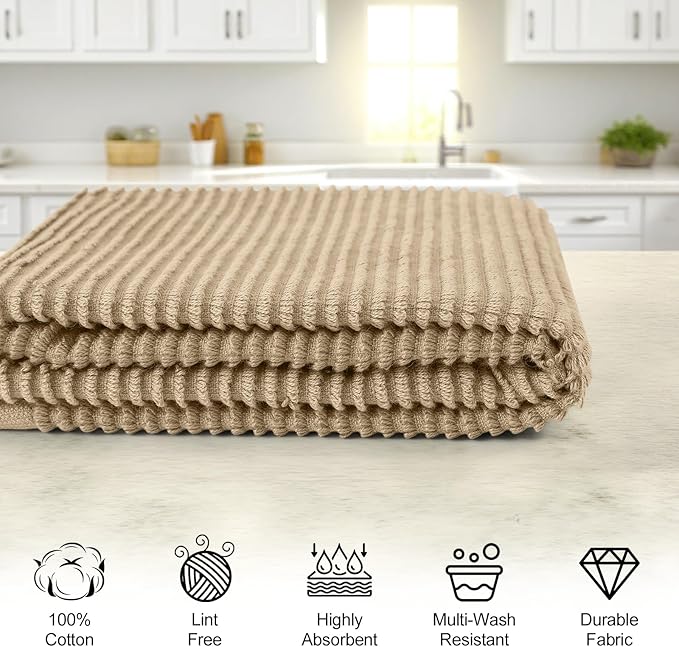 Homaxy Premium Kitchen Towels (18"x 28", 6 Pack), Large 100% Cotton Kitchen Hand Towels, Ultra Absorbent Ribbed Terry Tea Towels Set with Hanging Loop, Khaki