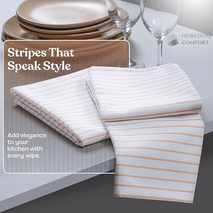 Mustard Yellow Striped Dish Towels 3 Pack, Ultra Absorbent, Classic Stripe Towel Set, Quick Dry Cotton Kitchen Towels for Cleaning Counters, Drying Dishes, Everyday Cleanup