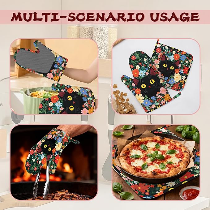 Funny Black Cat Heat-Resistant Silicone Oven Mitts and Pot Holders 4 Piece Set,Flower Field Extra Long Non-Slip Kitchen Oven Gloves for Cooking, Baking, BBQ,Grilling