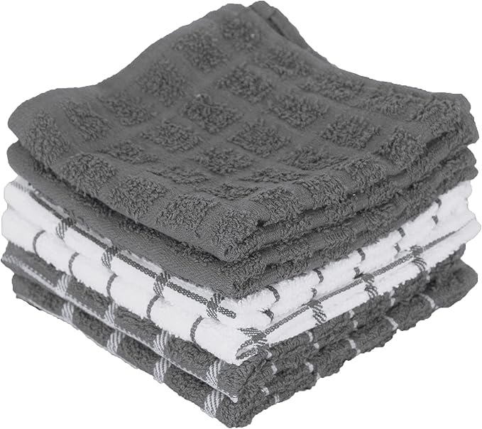 Ritz Terry Check Dish Cloth Set: Highly Absorbent & Super Soft - 100% Cotton, Durable Kitchen Cleaning Cloths for Wiping Tables and Counters, 6-Pack, Gray