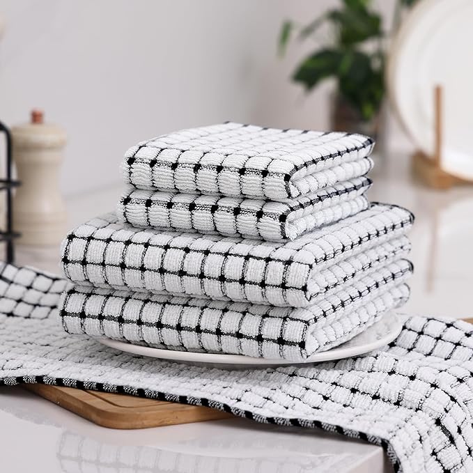 Homaxy Kitchen Towels and Dishcloths Set, 16 x 25 and 12 x 12 Inches, Set of 8 Cotton Terry Kitchen Dish Towels, Super Soft and Absorbent Dish Cloths, Black
