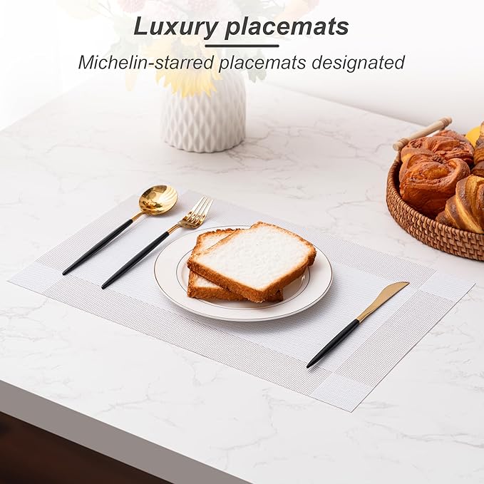 CADONO Placemats Set of 6 Washable Indoor/Outdoor Vinyl Place Mats for Dining Table Durable Non-Slip Heat Resistant PVC Weave Table Mats（Four-Corner-Beige）