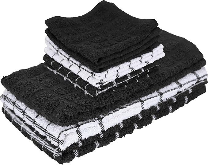 Ritz Premium 3-Pack Kitchen Towel & 6-Pack Dish Cloth Set - Highly Absorbent, Super Soft, Long-Lasting, 100% Cotton Terry Drying Cleaning Cloths, Black