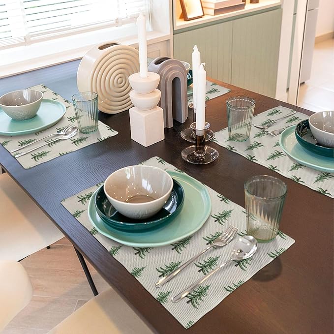 Christmas Trees Placemats Set of 4 Sage Green Christmas Decor Place Mats 12x18 Inch Xmas Winter Holiday Farmhouse Decorative Linen Table Mats for Home Kitchen Dining Party Table Decoration