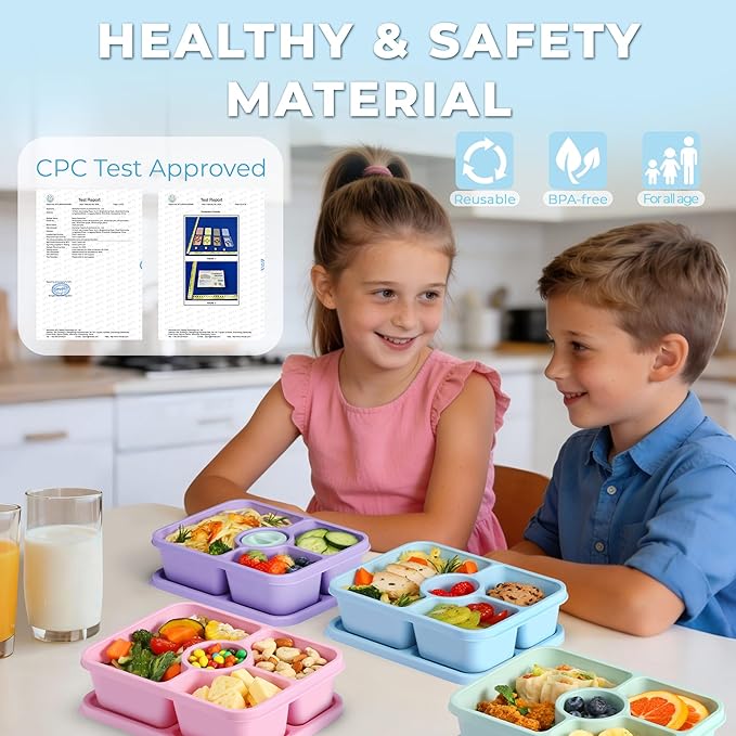 Bento Snack Box Containers, Reusable Meal Prep Lunch Containers for Adults Kids, Stackable Bento Snack Box 4 Pack, Divided Lunchable Food Storage Containers with Sauce Container, Dreamy Pink