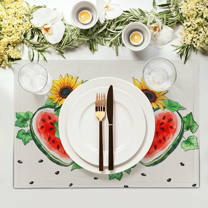 Summer Watermelon Placemat Set of 4，Sunflowers Table Mats Non Slip Heat-Resistant Washable Table Place Mats for Kitchen Dining Table Home Decoration 12 x 18 Inch