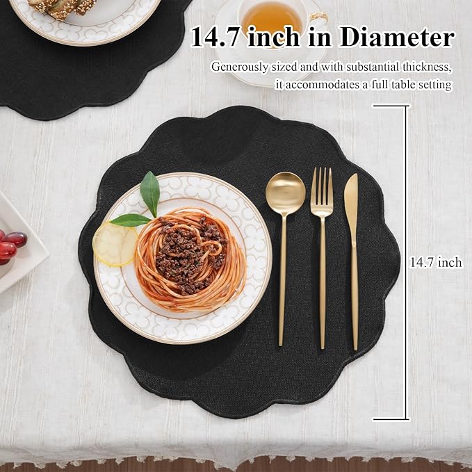 SHACOS Scalloped Round Placemats Set of 6 Polyester Linen Blend 15 inch Washable Non Slip Place Mats Easy Clean Heat Resistant Table Mats for Kitchen Dining Table Decor, Black