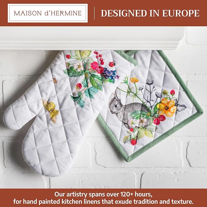 Maison d' Hermine 100% Cotton Oven Mitt & Pot Holder Set (7.5"x13" & 8"x8") Heat Resistant BBQ Cooking Gloves with Loop Baking Grilling Kitchen Gifts for Mothers Day Spring/Summer (Printemps)