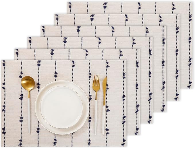 Boho Placemats 13 x 19 Inch Set of 6 for Dining Table Decor Woven Cloth Place Mats for Farmhouse Rustic Kitche Spring Home Decor Cotton Placemats Blue and Beige Table Mats