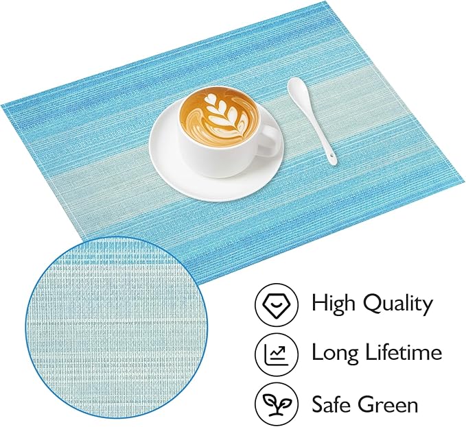 Niviy Placemats Set of 6, 12x18 Inch Washable Easy to Clean Place Mats Heat-Resistant Anti-Skid Cloth Table Mats for Holiday Party Kitchen Dining Table Decoration, Blue