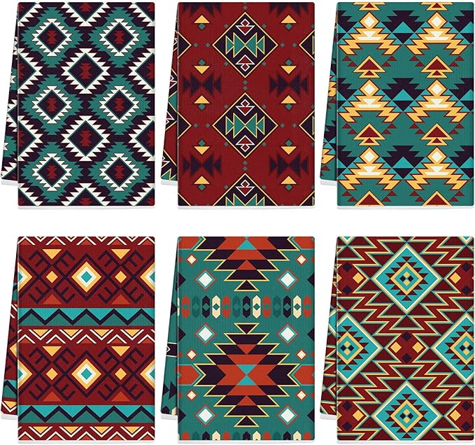Set of 6 Western Aztec Kitchen Towels American Decorative Rustic Cloth Southwest Vintage Themed Dish Towel Bathroom Tea Towels for Kitchen Bathroom Home Cooking Housewarming Gifts, 14 x 21 Inch