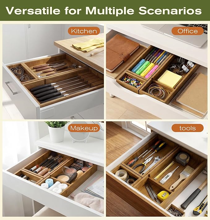 KOCWELL Bamboo Silverware Drawer Organizer with Knife Block, 3 Removable Drawer Organizer Bins - Multi-Use for Kitchen Utensils, Office, Makeup, Tools Storage