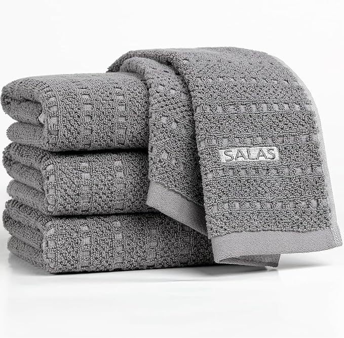 SALAS Kitchen Dish Towels, Bulk Cotton Kitchen Hand Towels, 390 GMS Plaid Dish Cloths Rags for Drying Dishes with Hanging Loop, 16‘’ x 26‘’, 4 Packs, Grey