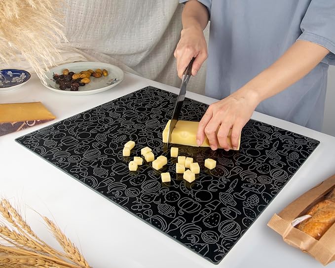Kitchenville Glass Cutting Board 20”x16”: Tempered Glass Kitchen Counter Protector - Durable- Scratch-Resistant, Heat-Proof - Design 4 - Black Design