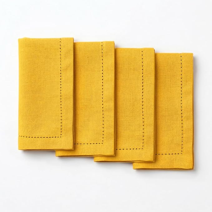 Palisa Mustard Cotton Napkins Set of 4 | Premium Hemstitch Detailing Cloth Dinner Napkins 18x18 Inch | Soft Washable & Reusable Table Napkins for Everyday Use Weddings Parties Restaurants & Hotels