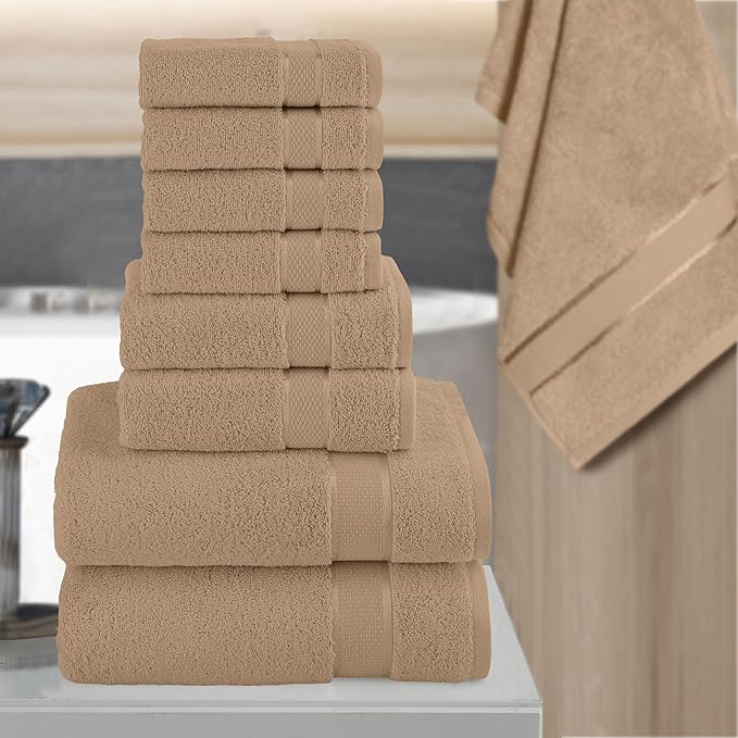 Elegant Comfort Premium Cotton 8-Piece Towel Set, Includes 4 Washcloths, 2 Hand Towels and 2 Bath Towels, 100% Turkish Cotton - Highly Absorbent and Super Soft Towels for Bathroom, Taupe